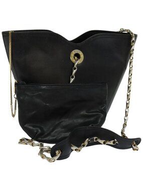 Authentic CELINE Chain Shoulder Bag Leather Black Gold